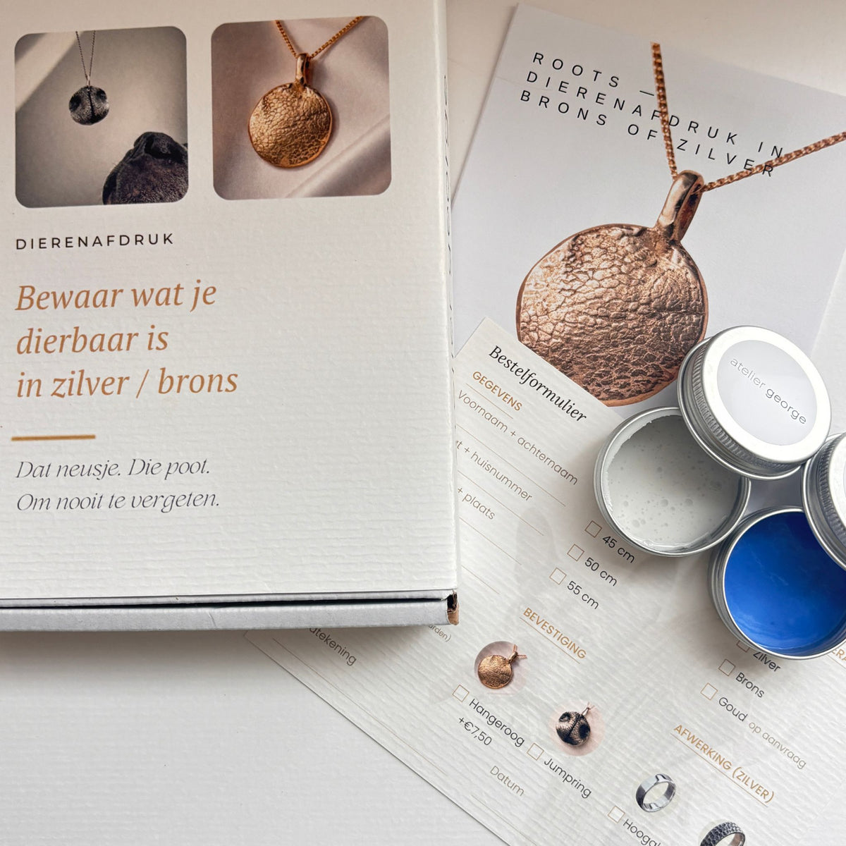doosje van de afdrukset Roots met memorymix, bestelformulier en handleiding
